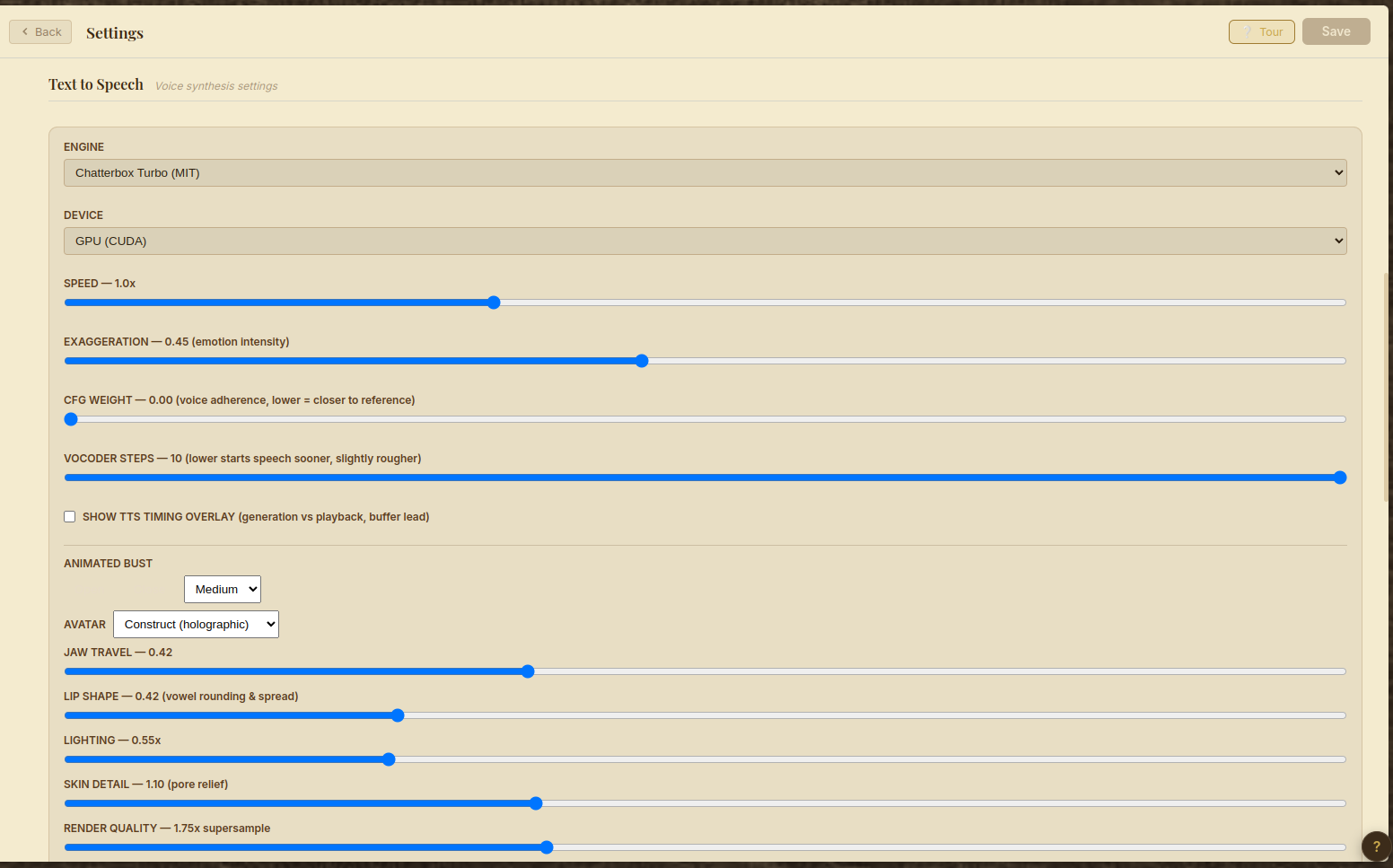 Text-to-speech settings: output device, emotion/exaggeration, voice adherence, and animated-bust avatar controls